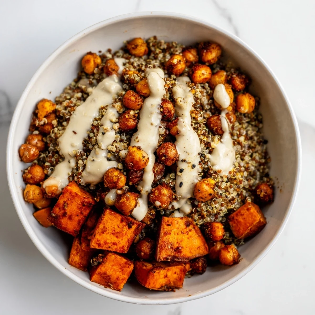 Colorful roasted sweet potato tahini quinoa grain bowl topped with crisp vegetables and fragrant zaatar spice