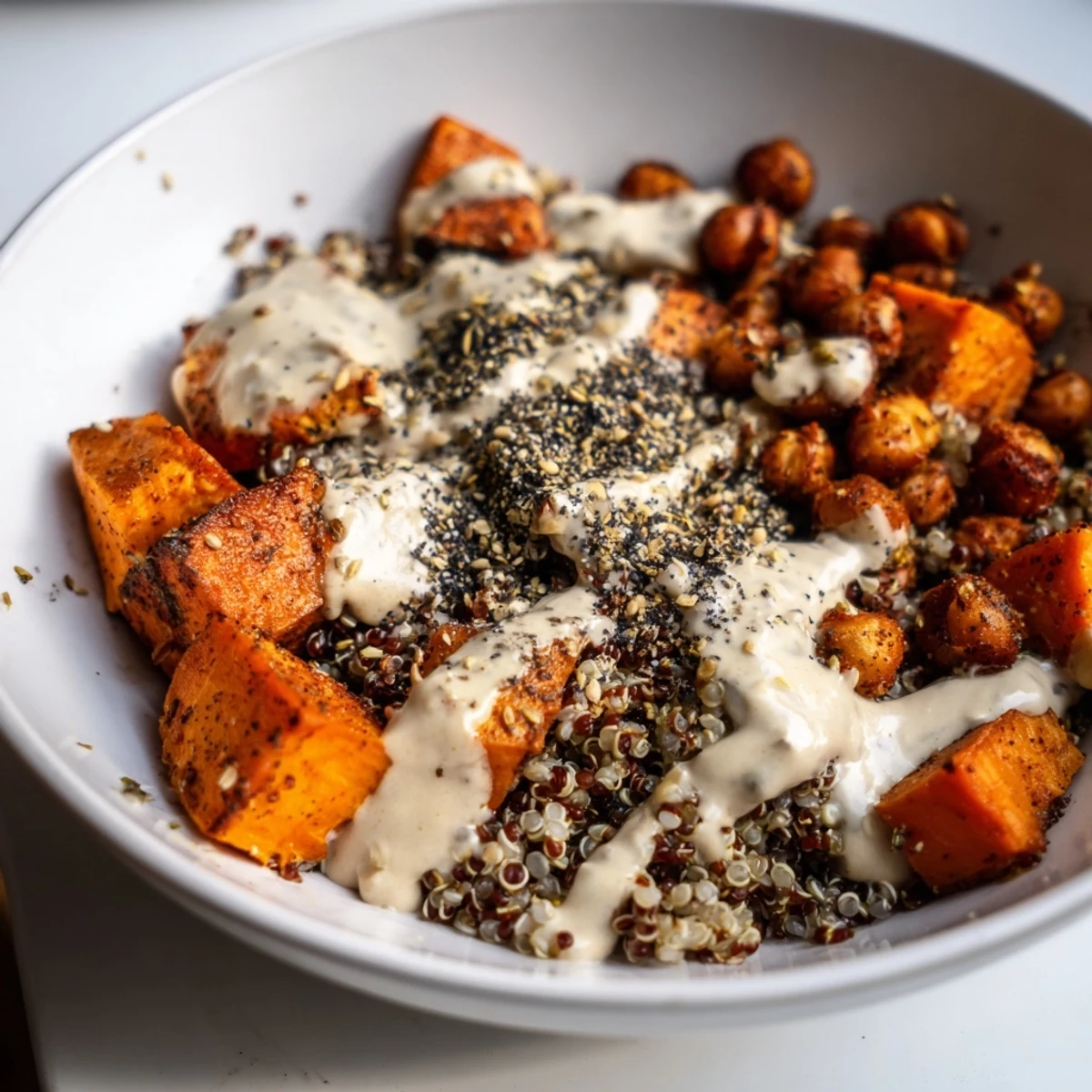 A generous serving of roasted sweet potato tahini quinoa grain bowl featuring caramelized chickpeas and fresh mixed greens