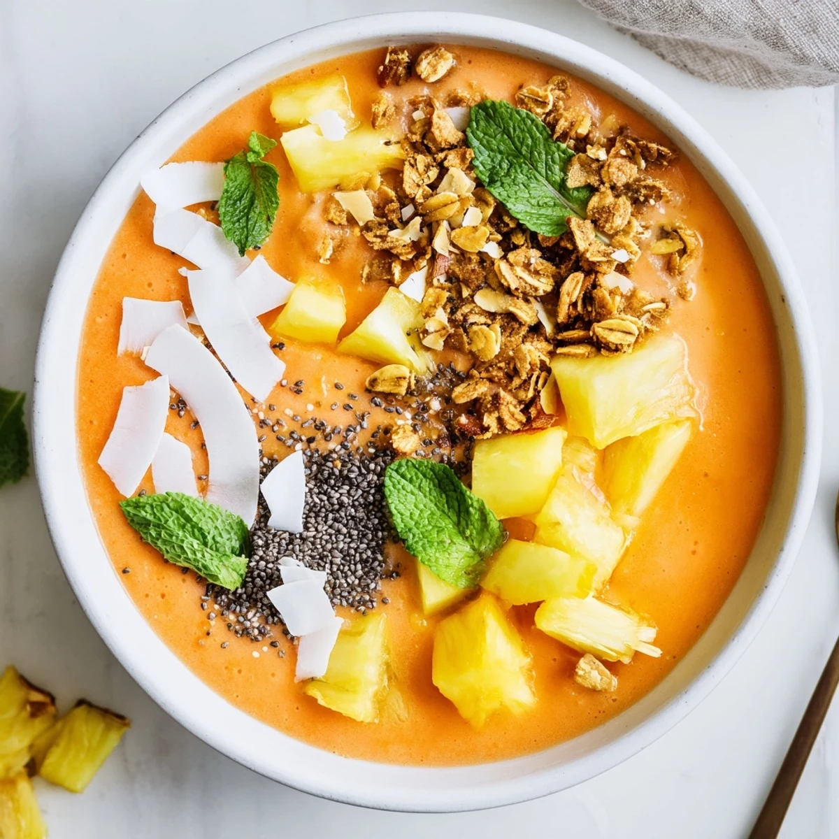 Vibrant mango pineapple coconut smoothie bowl topped with fresh fruit and crunchy toasted coconut chips