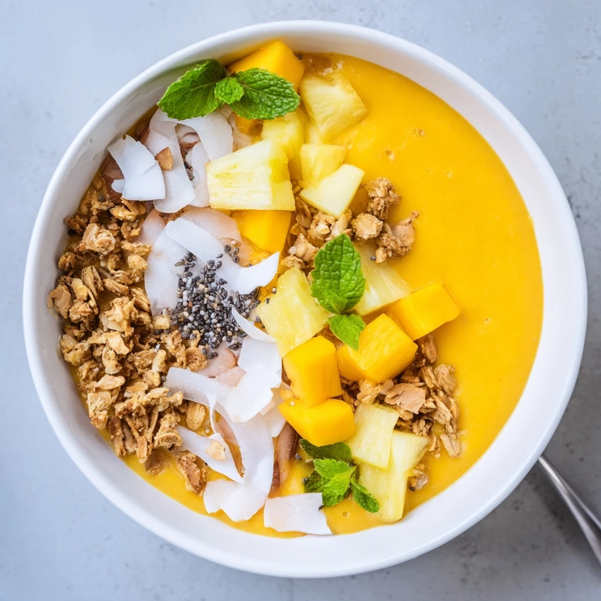 Creamy tropical smoothie bowl with mango pineapple coconut base, garnished with granola, chia seeds, and mint
