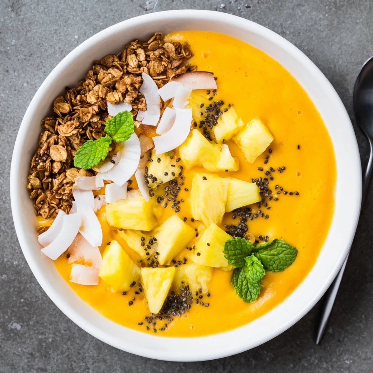 Golden mango pineapple coconut smoothie bowl arranged artfully with diced tropical fruit and coconut chip topping