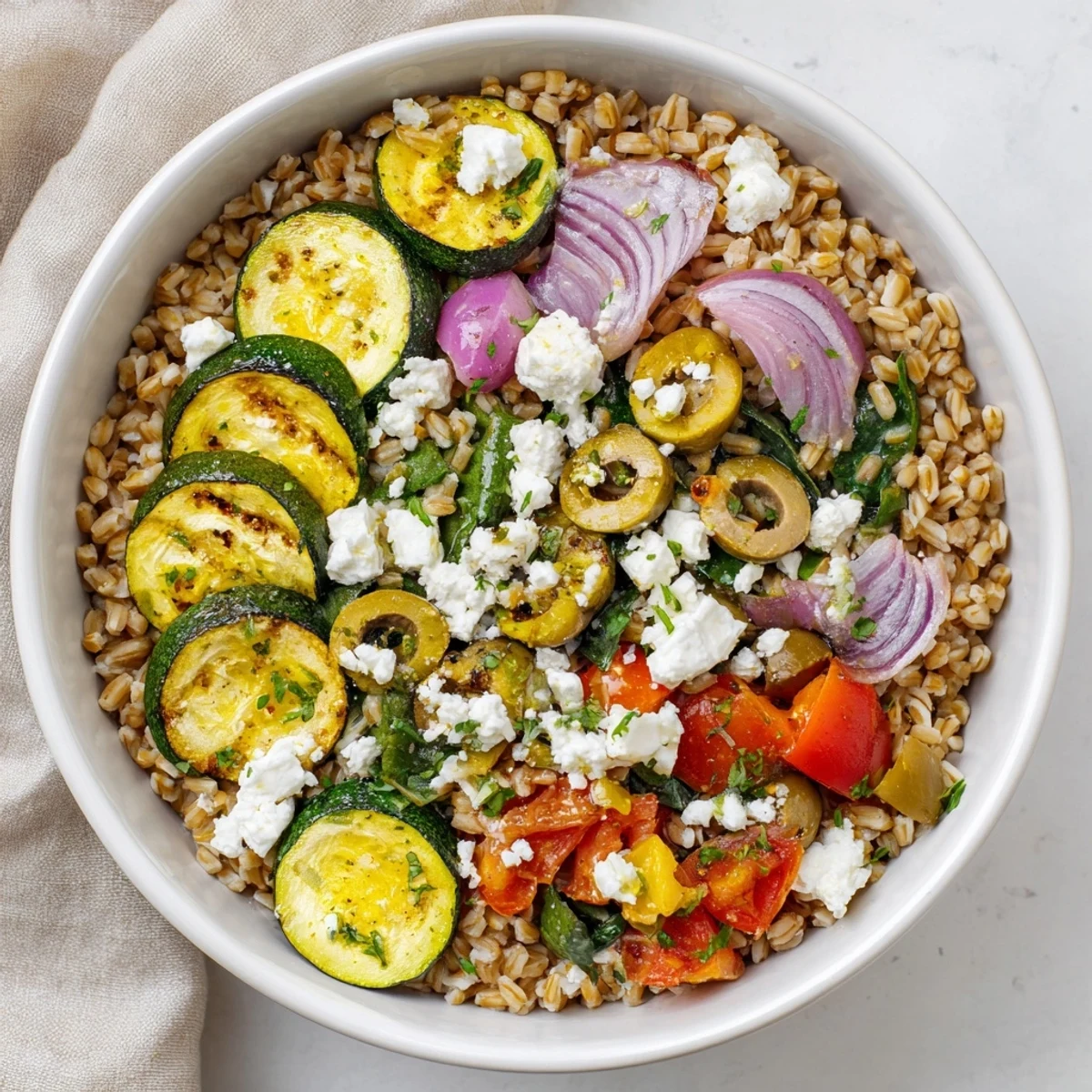 Colorful Mediterranean roasted zucchini farro grain bowl topped with crumbled feta and fresh vegetables