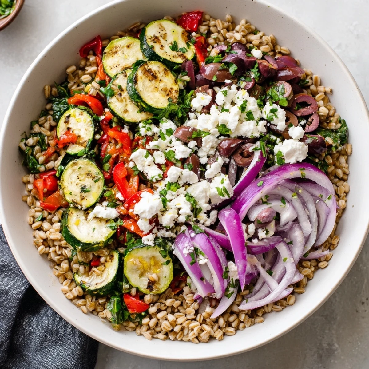 Mediterranean grain bowl with nutty farro roasted zucchini peppers tomatoes and tangy feta cheese topping