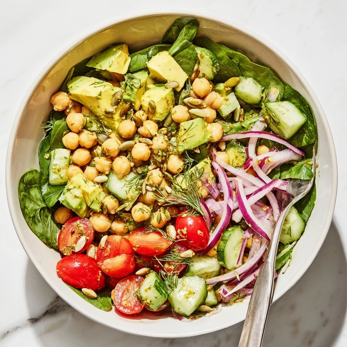 Hearty chickpea salad bowl featuring creamy avocado chunks, crisp vegetables, zesty lemon dressing