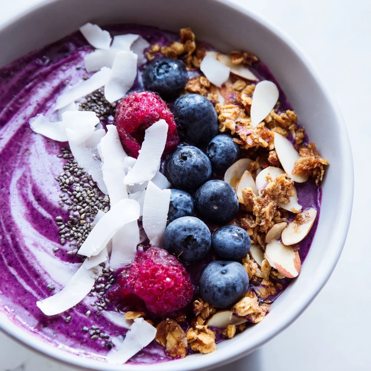 Thick creamy coconut smoothie bowl piled high with granola and colorful fresh fruit