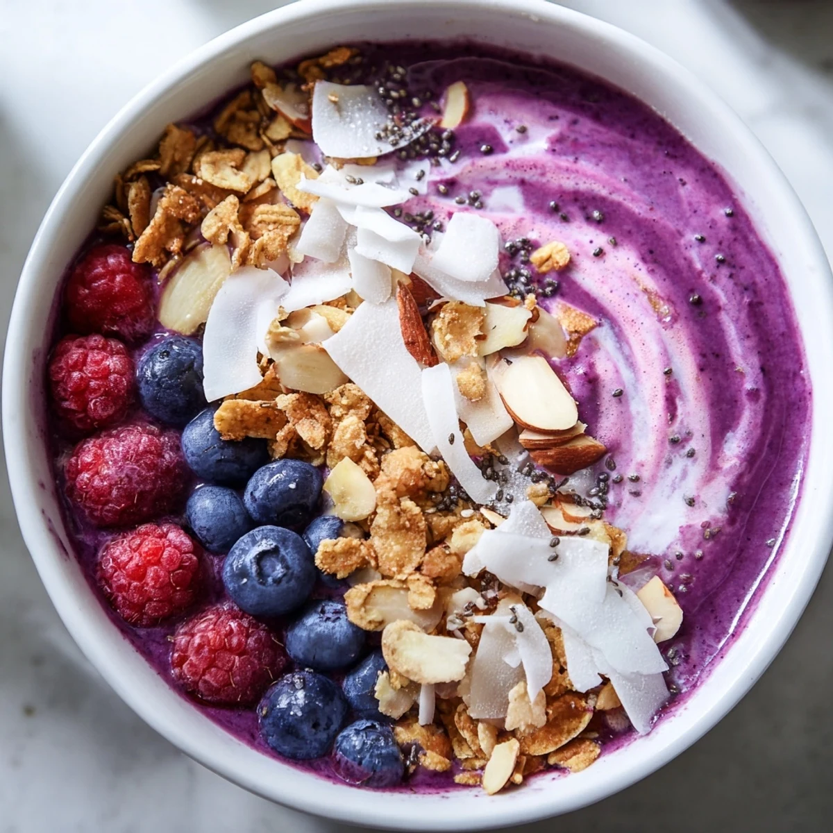 Purple smoothie bowl with raspberries blueberries coconut milk and crunchy granola topping