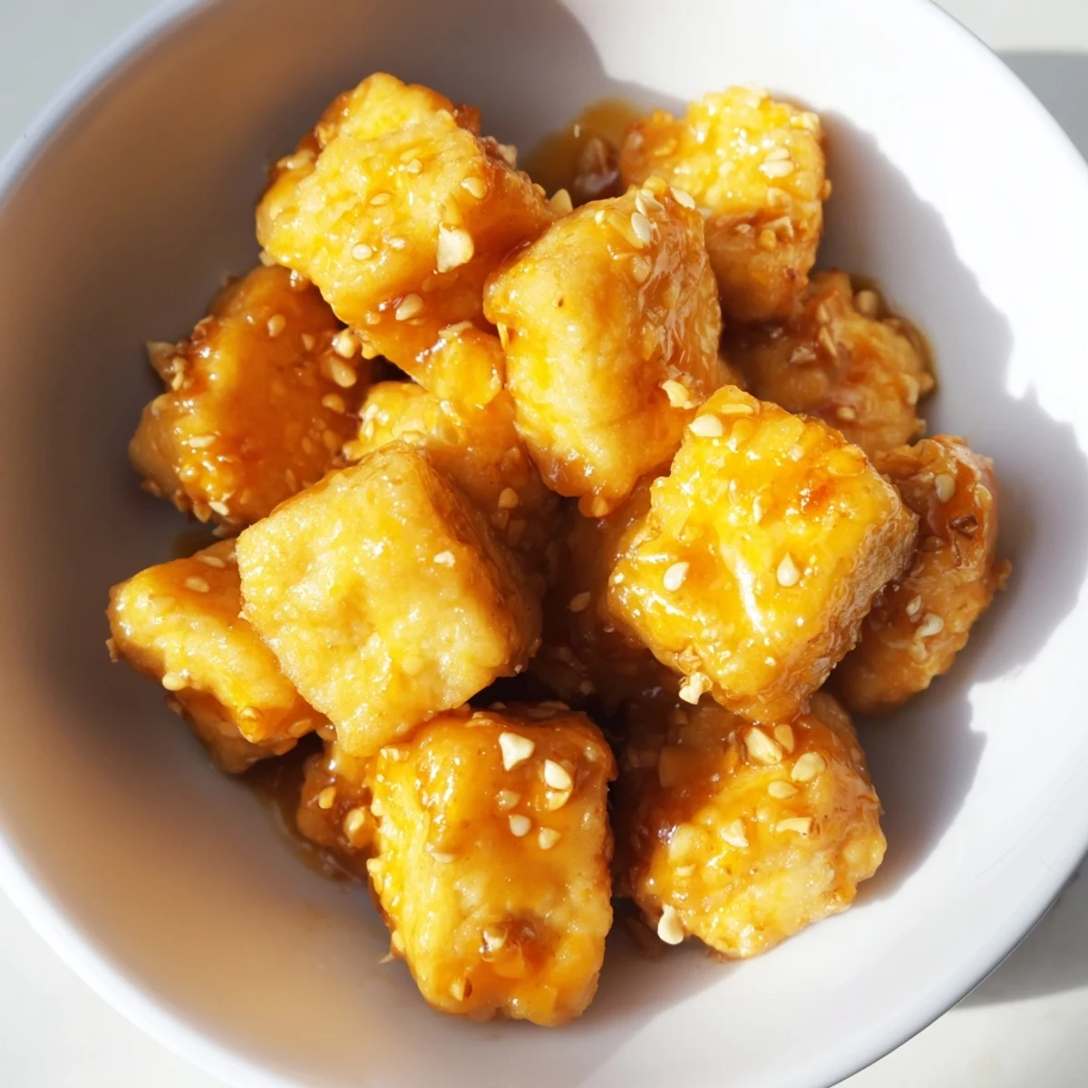 Vegan bowl featuring sticky orange ginger tofu served over sautéed sesame greens and jasmine rice