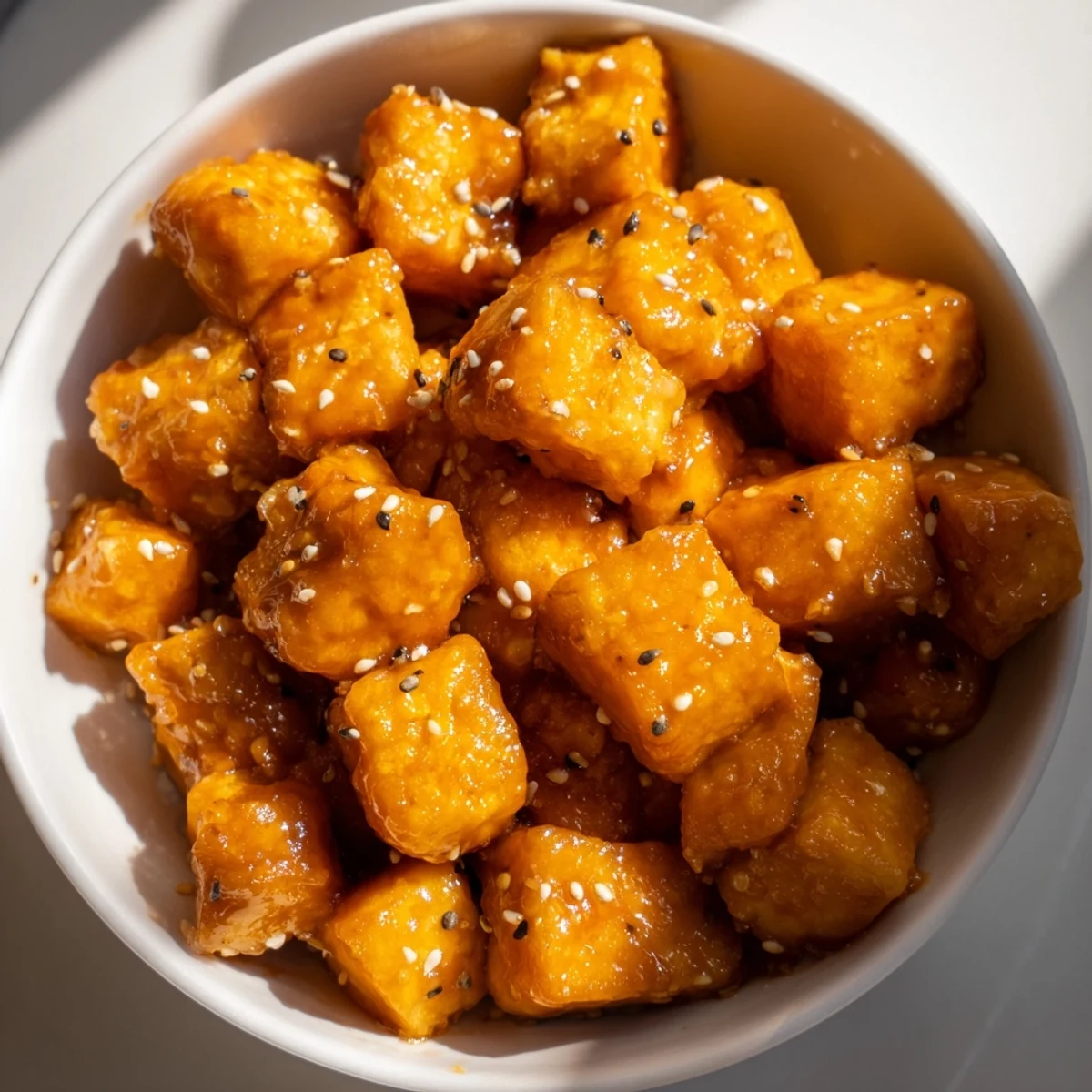 Golden crispy tofu cubes glazed in sweet orange ginger sauce atop fluffy rice with wilted sesame greens