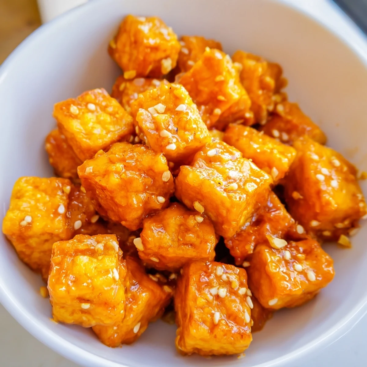 Plant-based power bowl with glossy orange ginger glazed tofu and sesame seasoned greens over white rice