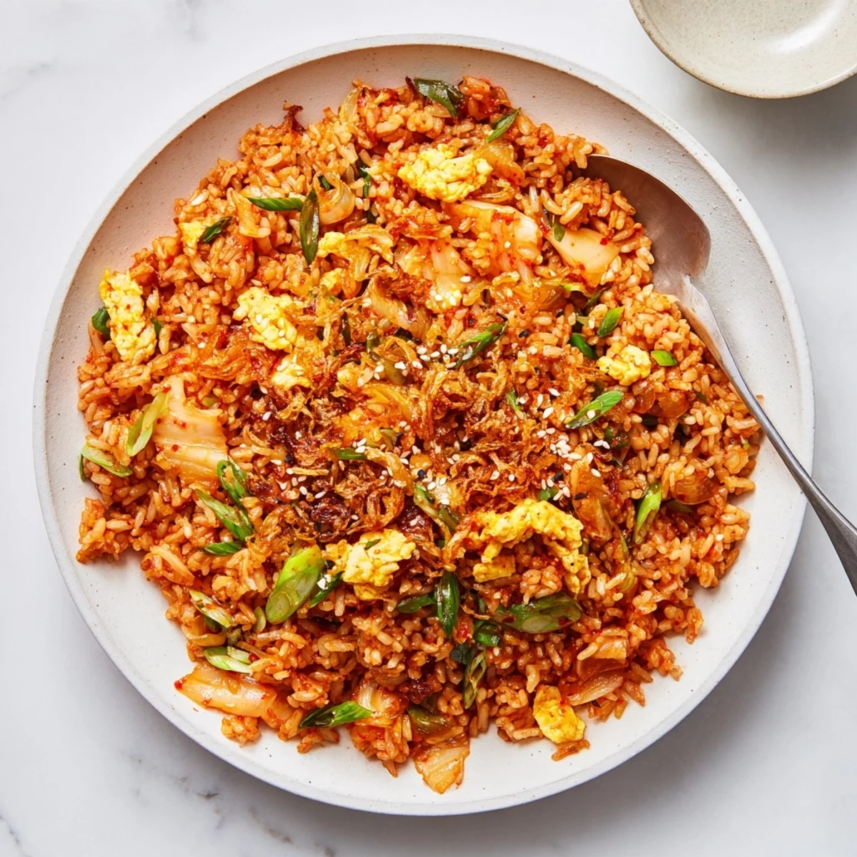 Golden kimchi fried rice with scallions and garlic topped with crispy fried shallots