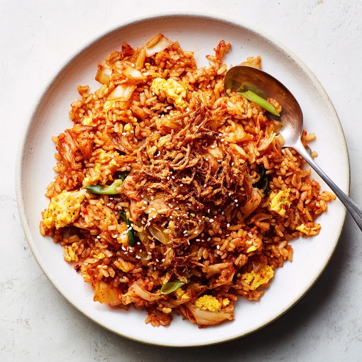 Vibrant Korean-style fried rice featuring tangy kimchi and aromatic garlic garnished with crunchy shallots
