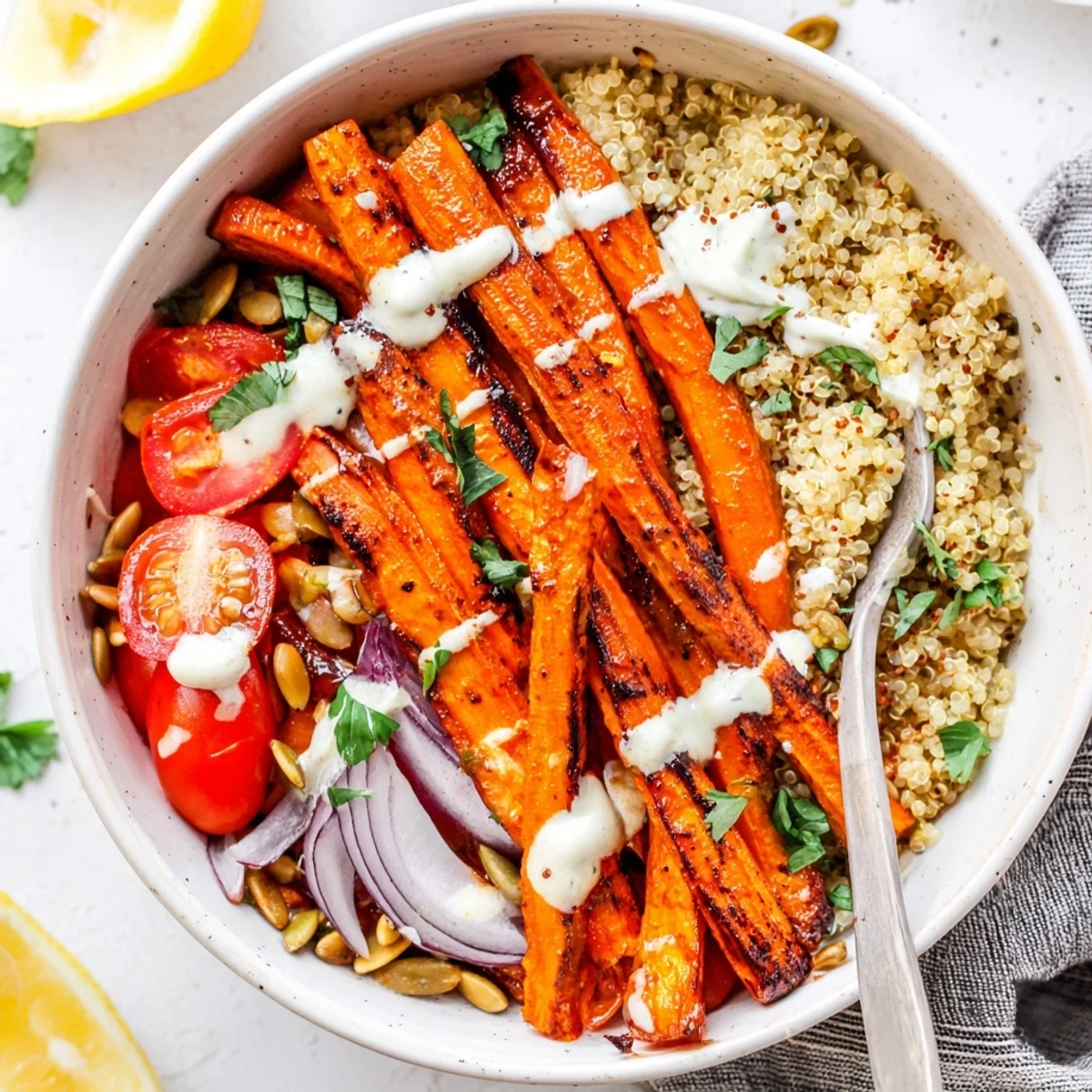 Roasted Carrot Harissa Quinoa Grain Bowl with Lemon Yogurt, bright citrus yogurt drizzle