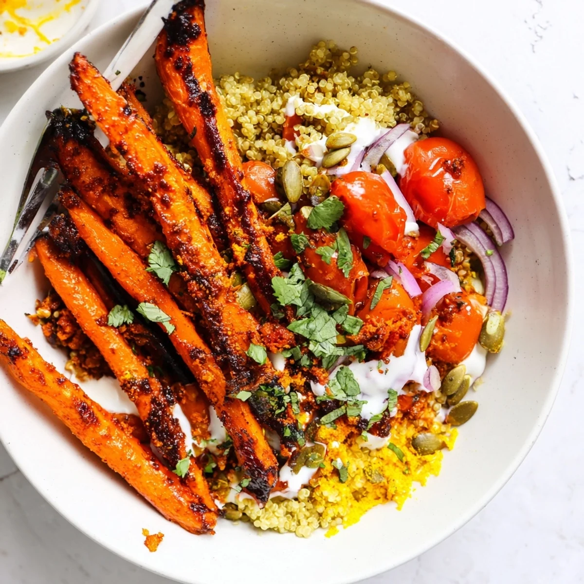 Roasted Carrot Harissa Quinoa Grain Bowl with Lemon Yogurt, tender caramelized carrots and quinoa