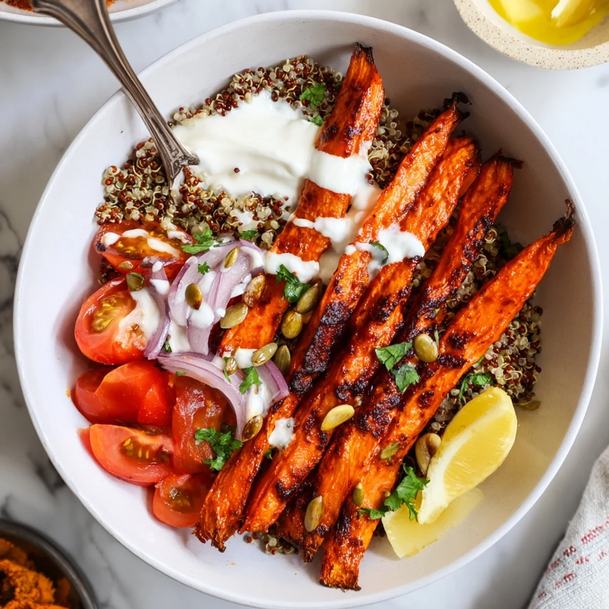 Roasted Carrot Harissa Quinoa Grain Bowl with Lemon Yogurt served over peppery mixed greens
