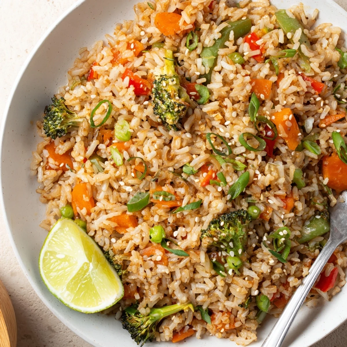 Chili Lime Vegetable Fried Rice with Scallions, bright lime aroma and crisp vegetables