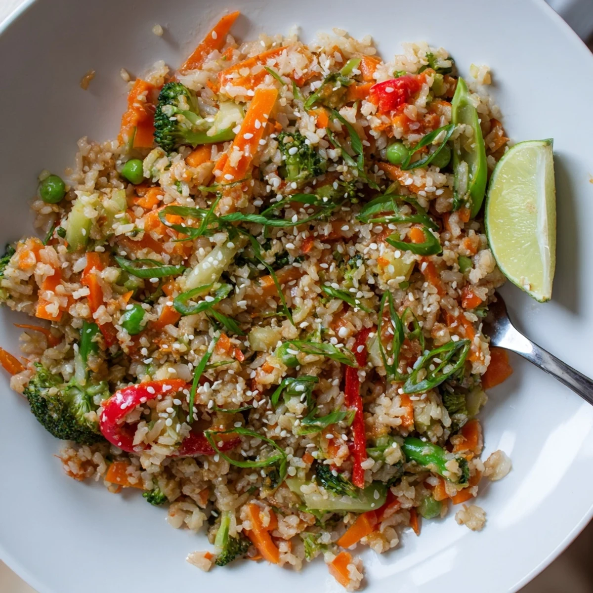 Chili Lime Vegetable Fried Rice with Scallions served hot with lime wedges and sesame