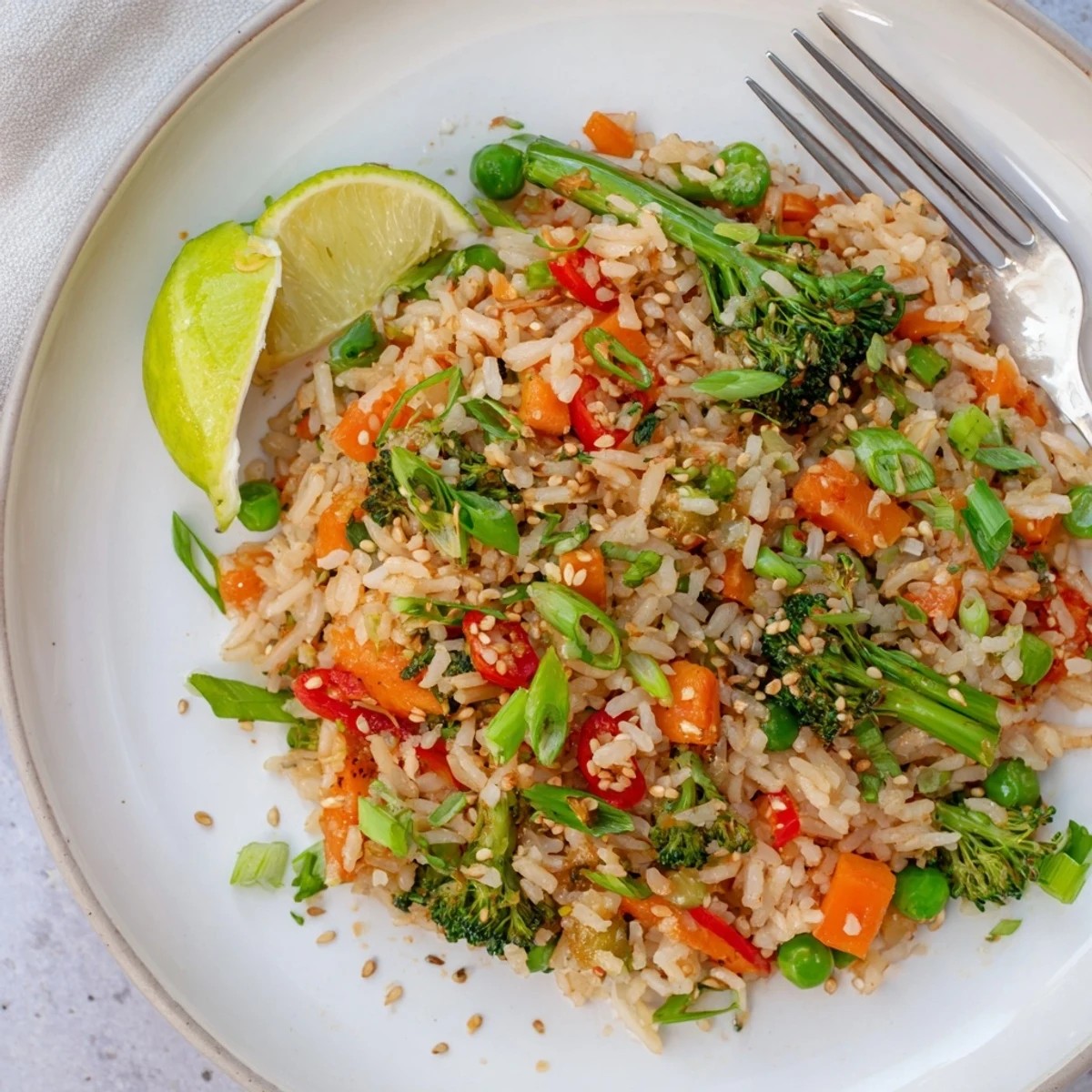 Chili Lime Vegetable Fried Rice with Scallions sizzling in wok, fragrant garlic and ginger