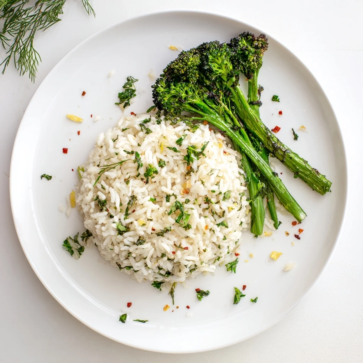 Garlic Herb Basmati Rice with Roasted Broccolini topped with toasted nuts for protein