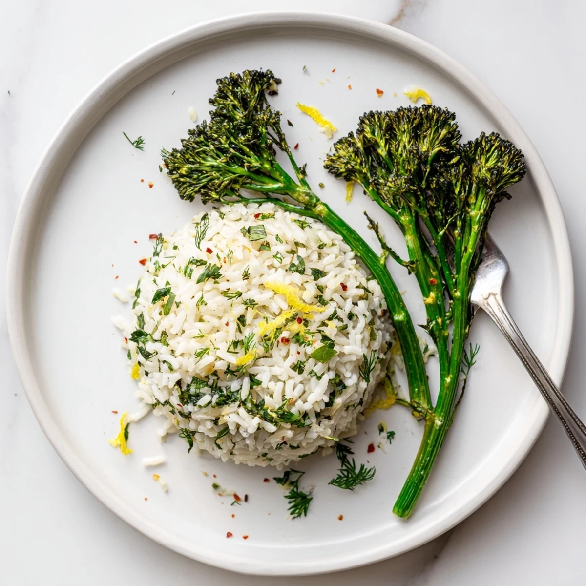 Garlic Herb Basmati Rice with Roasted Broccolini, fragrant, fluffy, lemon zest and steaming