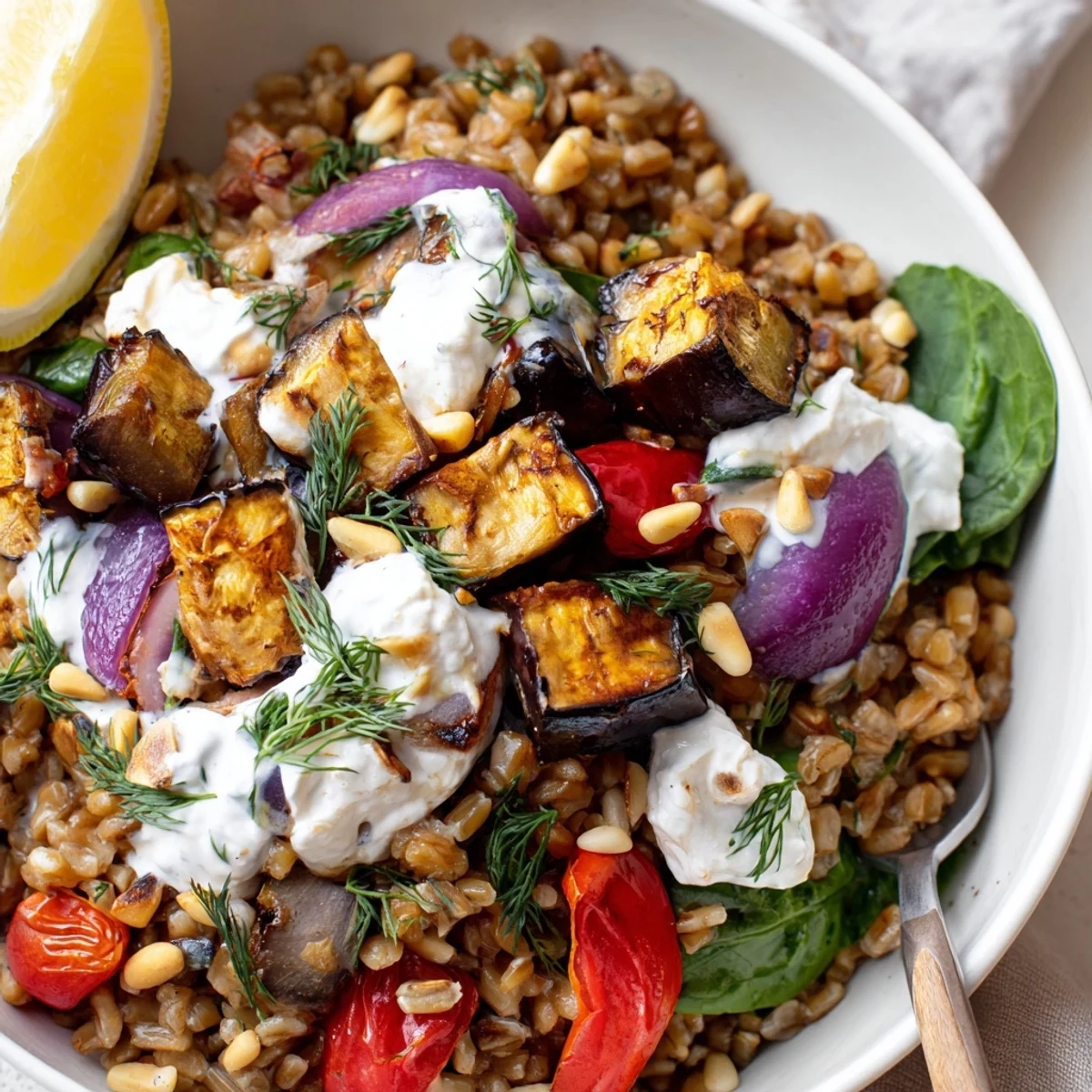 Mediterranean Roasted Eggplant Farro Grain Bowl with Yogurt, caramelized eggplant and lemon