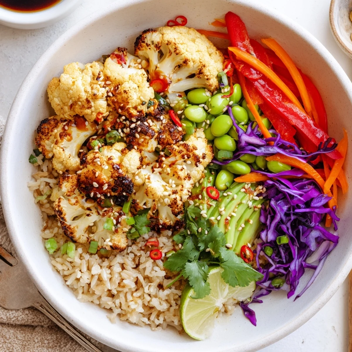 Glistening Spicy Chili Oil Roasted Cauliflower Veggie Bowl with Sesame Seeds, vibrant and crunchy.