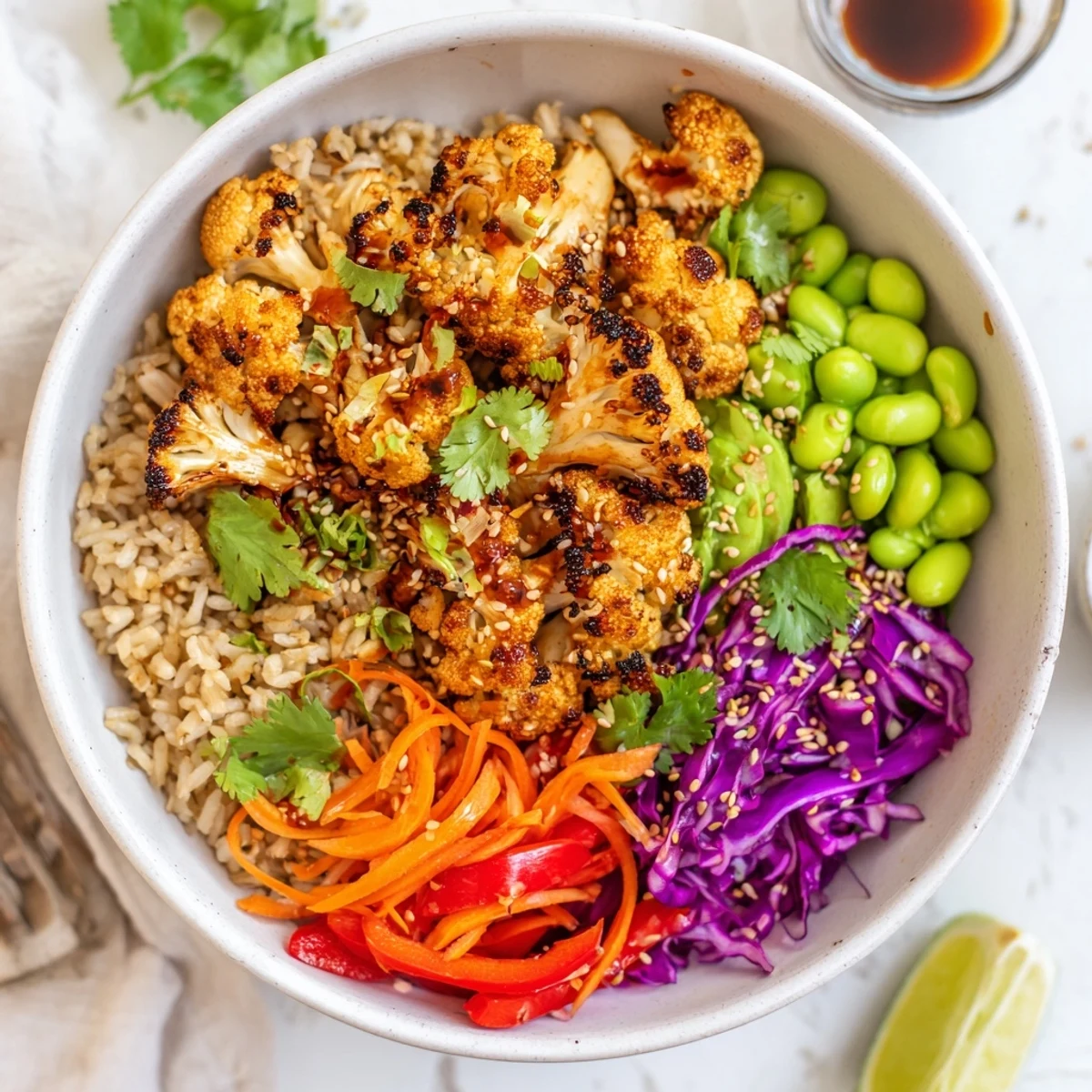Bright Spicy Chili Oil Roasted Cauliflower Veggie Bowl with Sesame Seeds, avocado and lime.