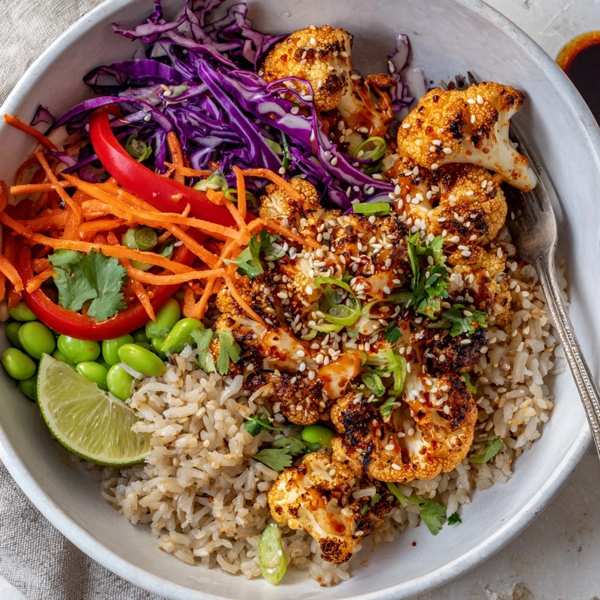 Spicy Chili Oil Roasted Cauliflower Veggie Bowl with Sesame Seeds, served atop warm quinoa.