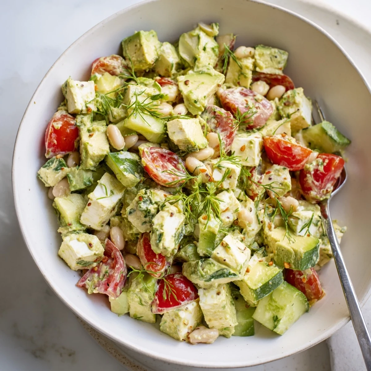 Creamy Avocado Dill White Bean Salad Bowl with Cucumber, served with toasted sourdough.