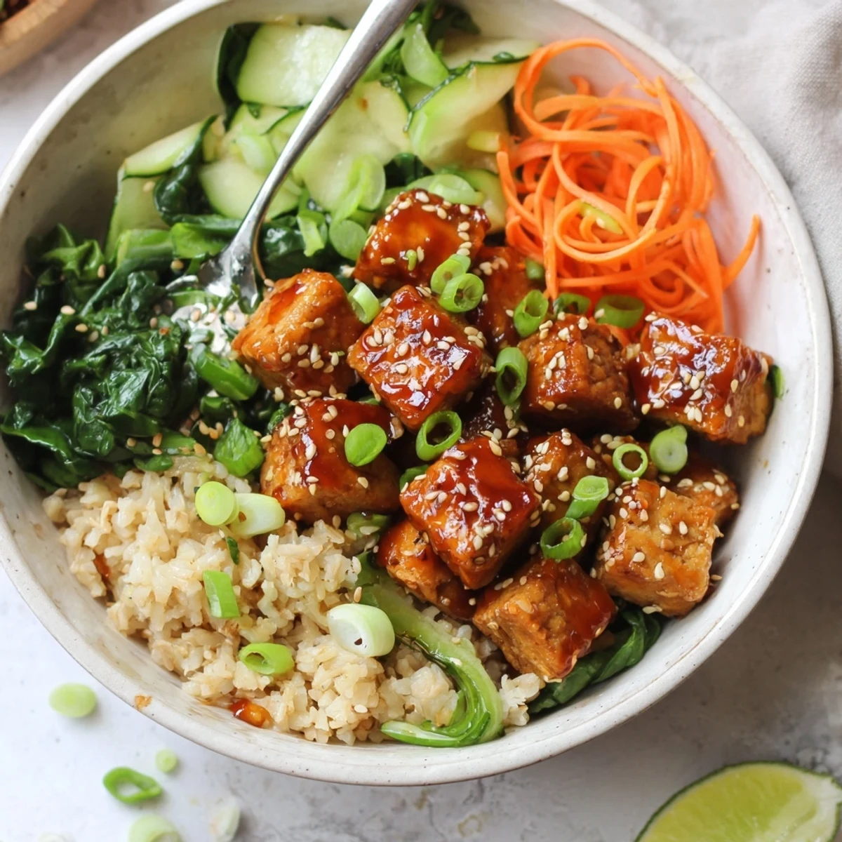 Sticky Maple Sriracha Tempeh Vegan Bowl: glossy glazed tempeh over fluffy rice