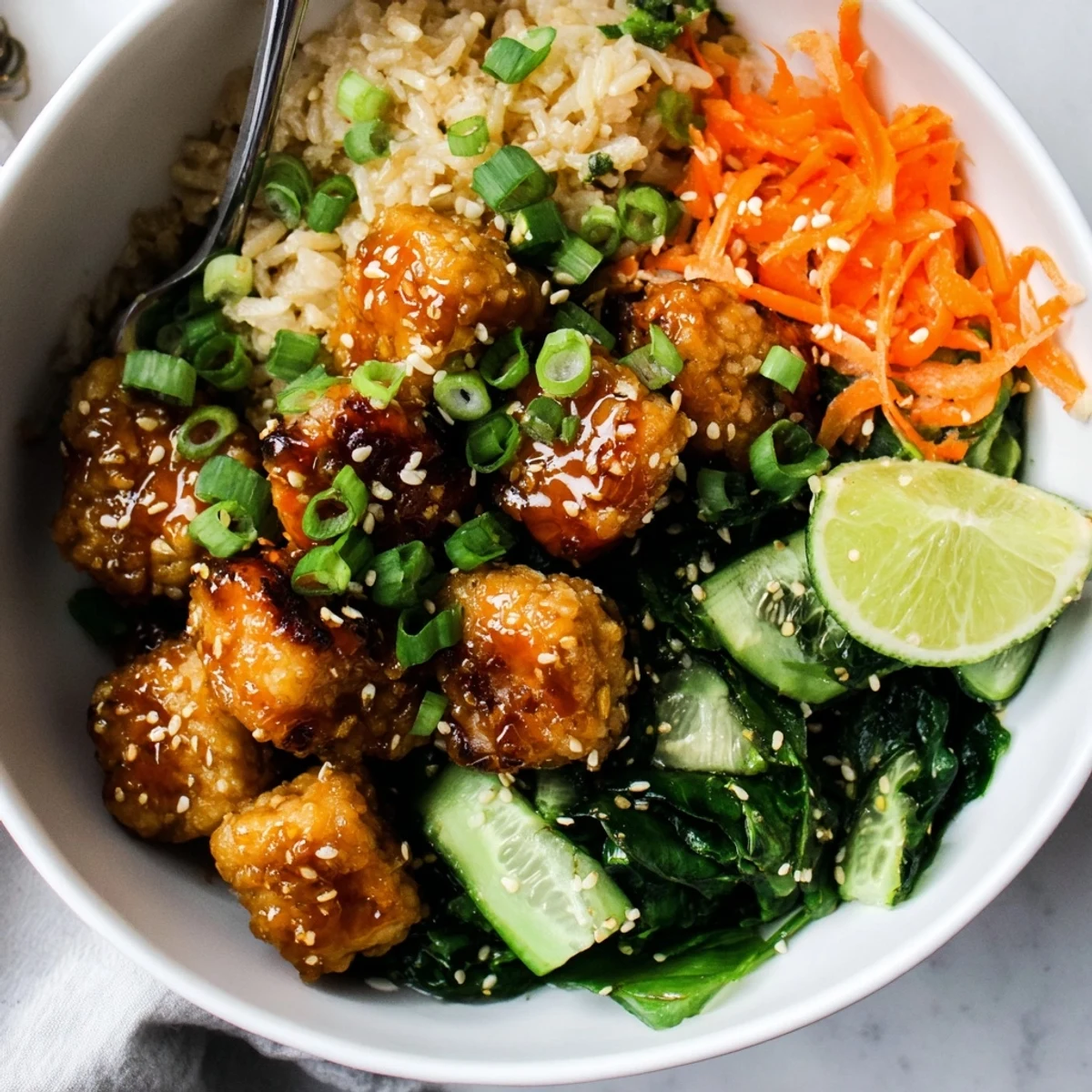 Warm Sticky Maple Sriracha Tempeh Vegan Bowl topped with sesame seeds and scallions