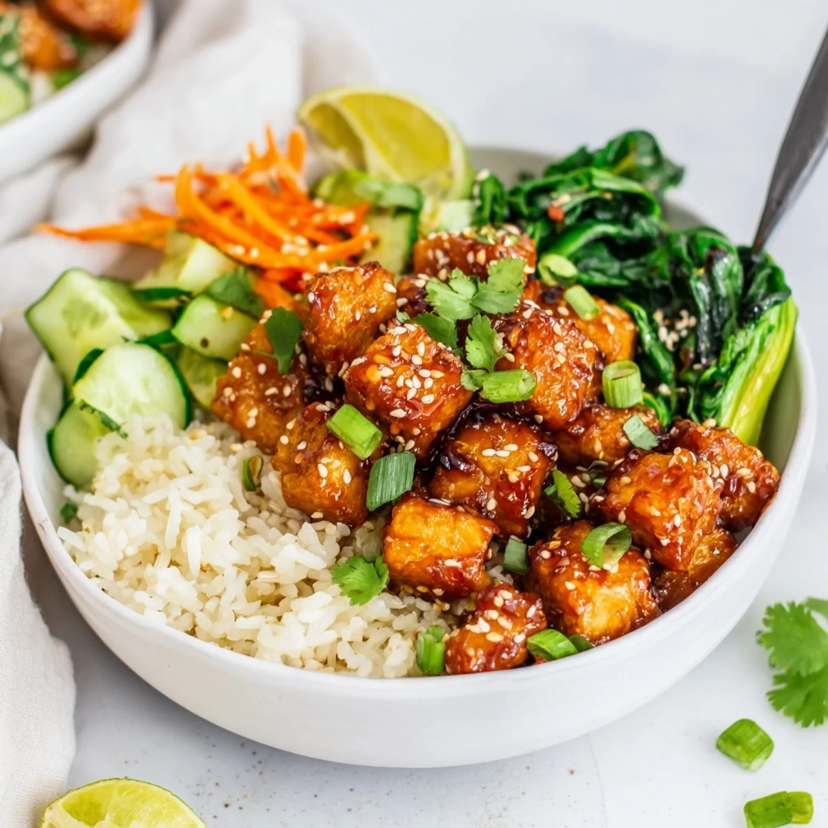 Crispy Sticky Maple Sriracha Tempeh Vegan Bowl with bright sesame greens