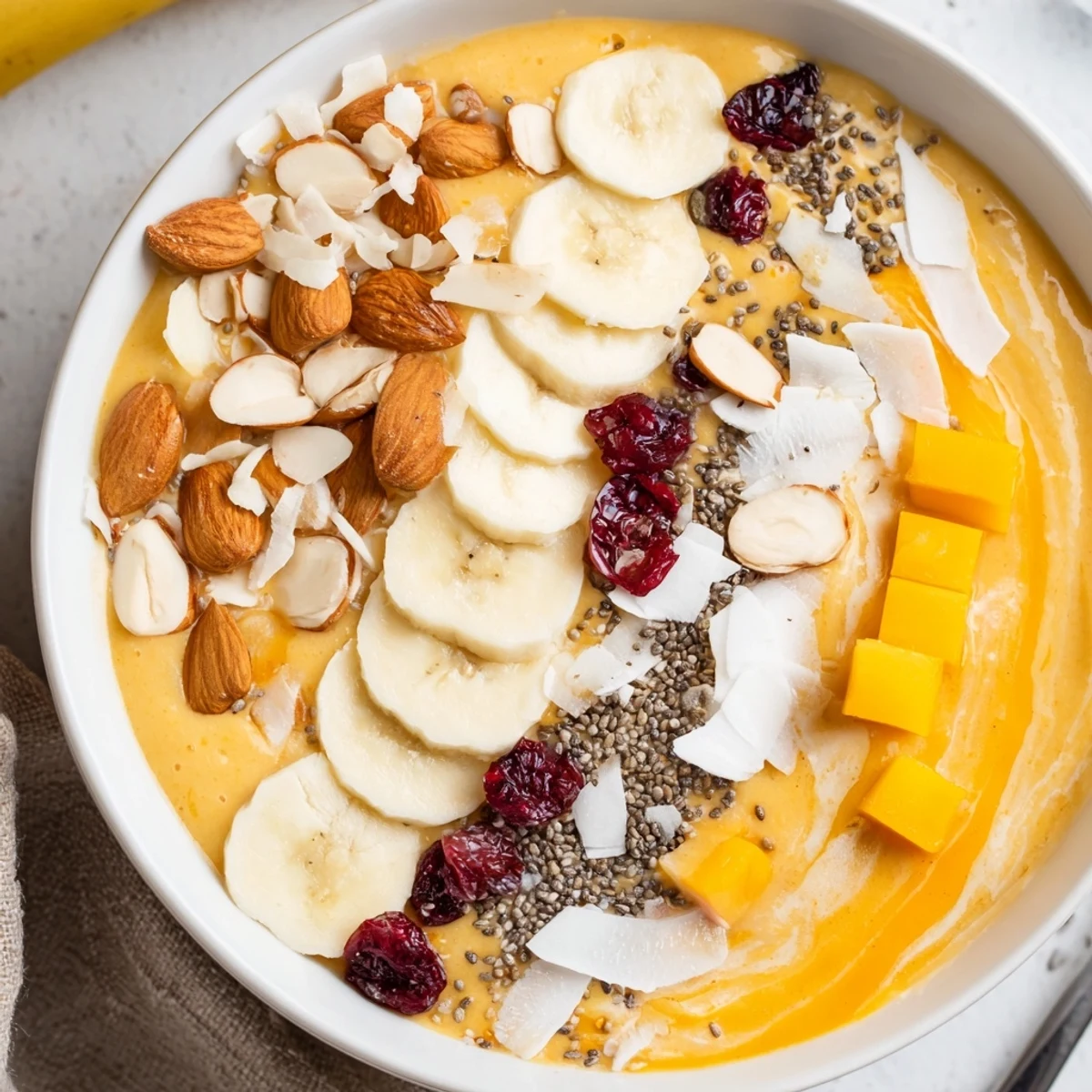 Creamy Mango Coconut Banana Smoothie Bowl with Chia Crunch, garnished with sliced banana