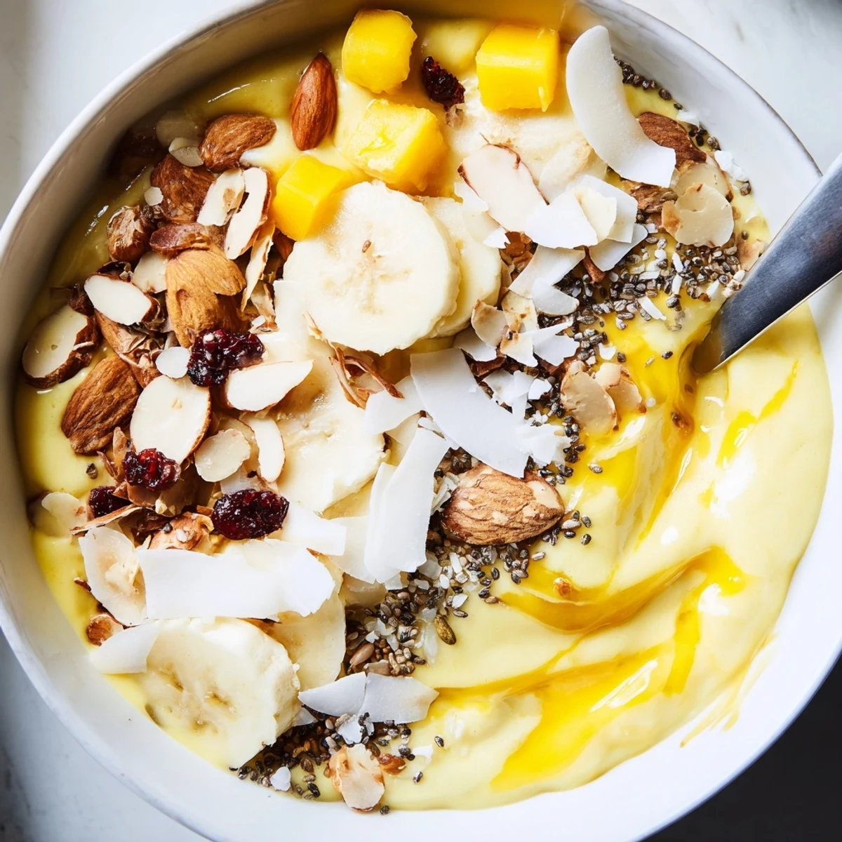Sunshine colored Mango Coconut Banana Smoothie Bowl with Chia Crunch, crunchy spoon ready topping