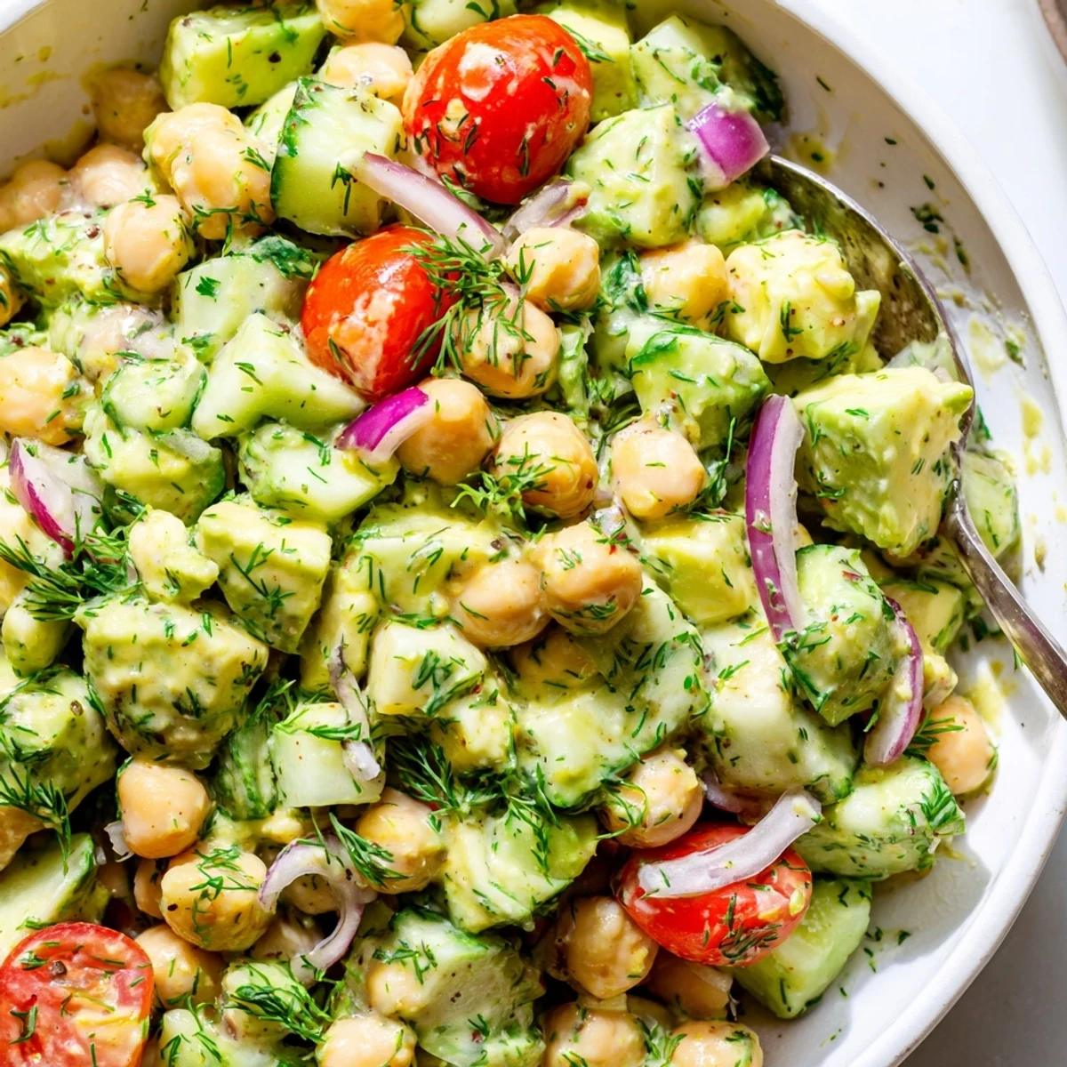 Creamy Avocado Cucumber Chickpea Salad Bowl with Fresh Dill served over quinoa.