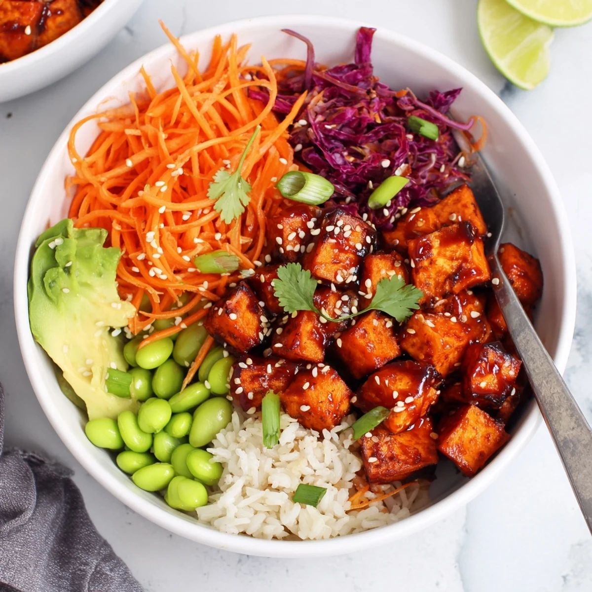 Spicy Gochujang Roasted Sweet Potato Veggie Bowl with Sesame Seeds, steaming and glossy