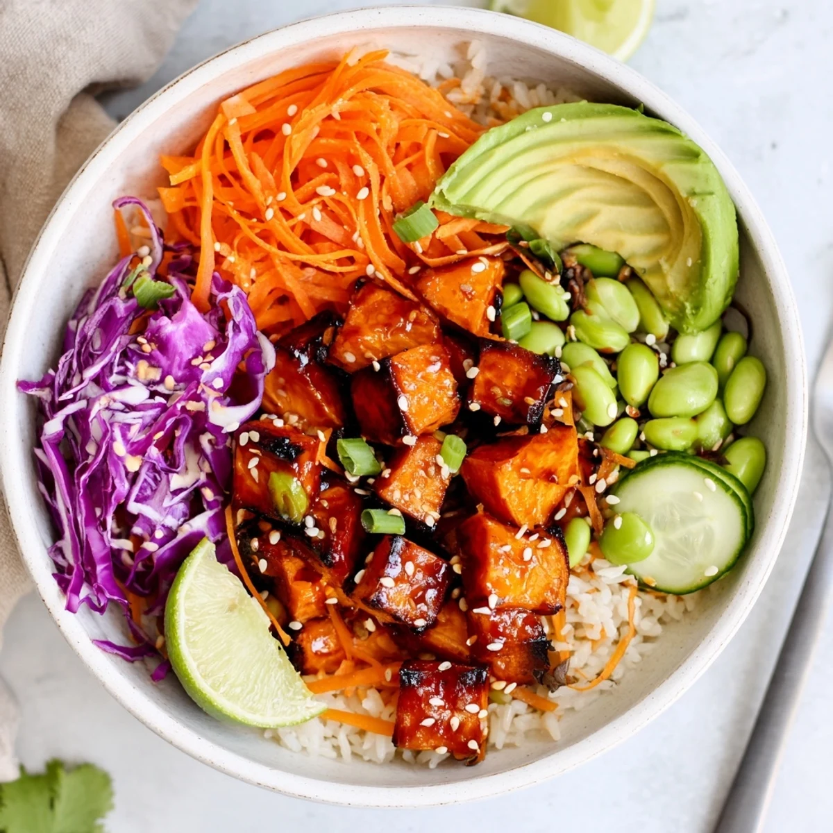 Spicy Gochujang Roasted Sweet Potato Veggie Bowl with Sesame Seeds topped with avocado