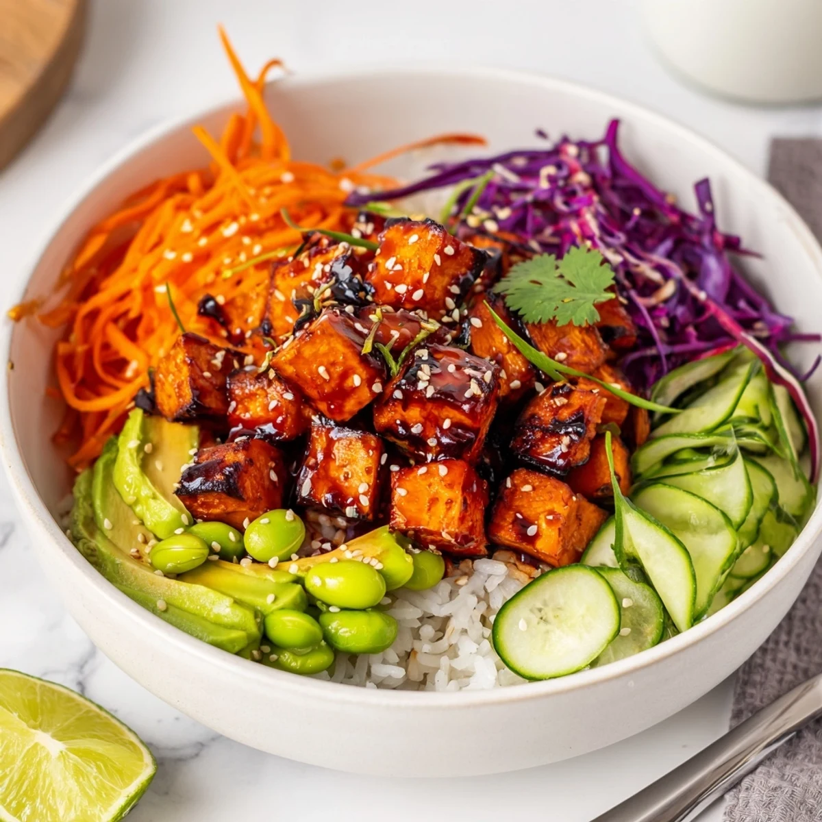 Spicy Gochujang Roasted Sweet Potato Veggie Bowl with Sesame Seeds over fluffy jasmine rice