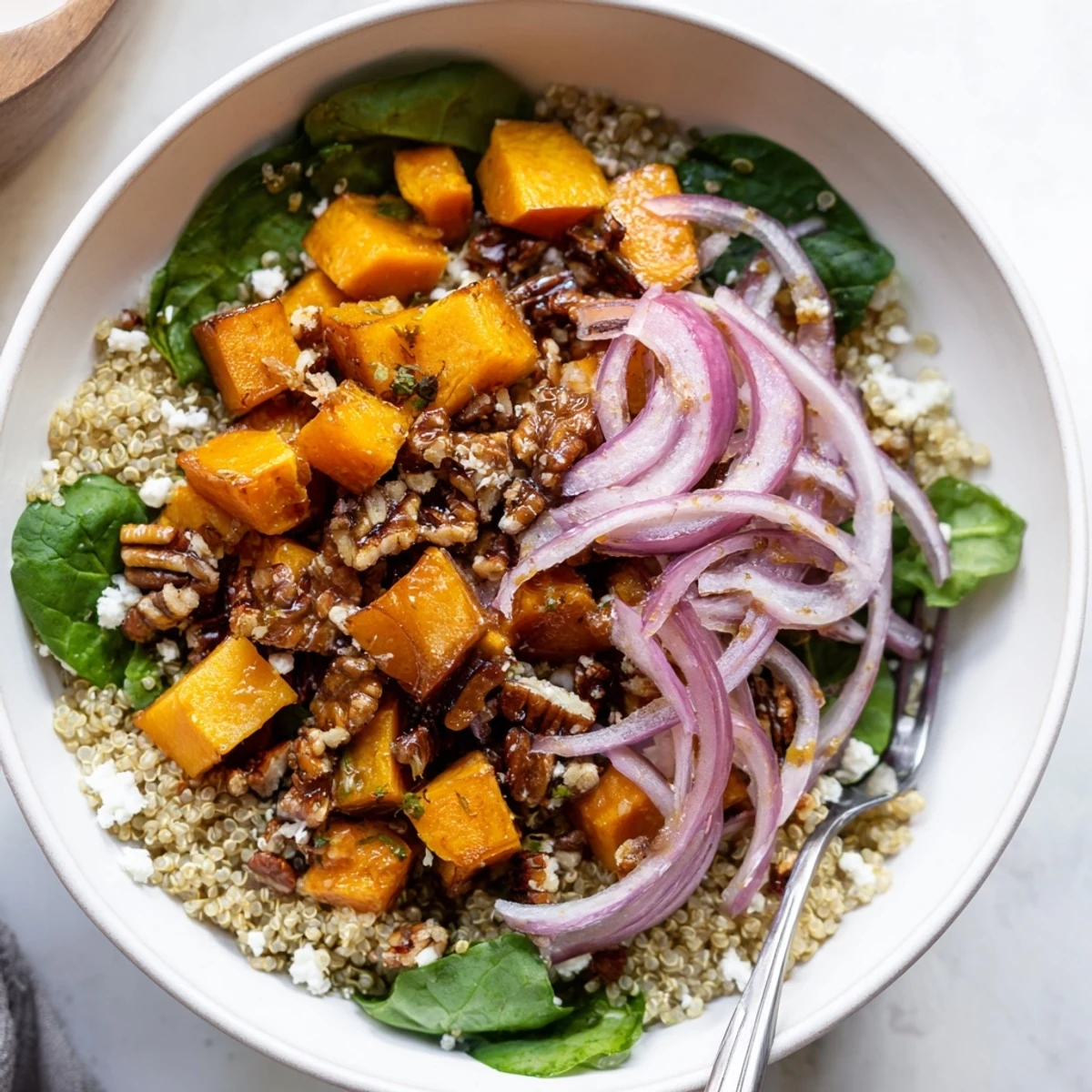 Roasted Butternut Squash Maple Quinoa Grain Bowl with Pecan Crunch, warm and caramelized