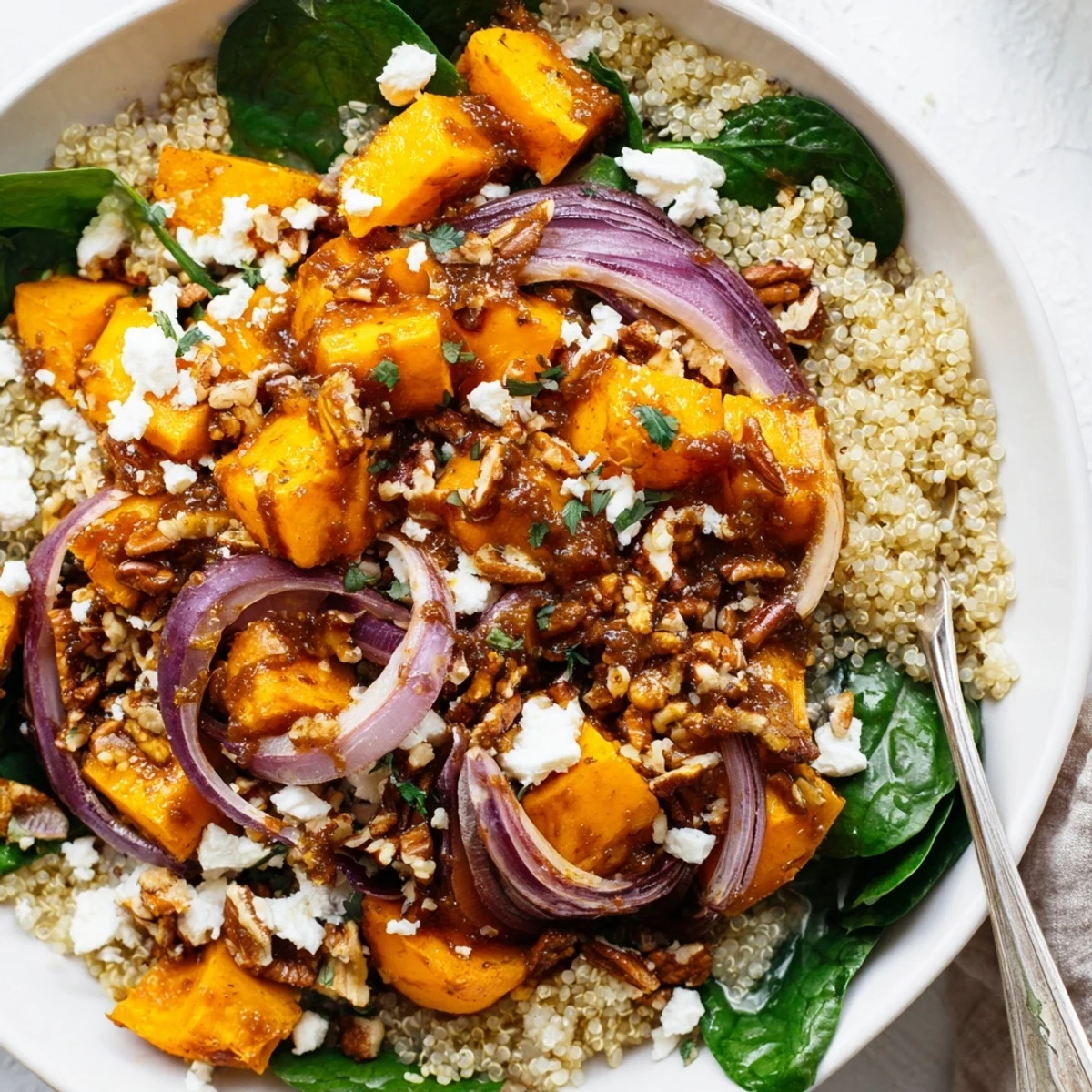 Autumn inspired Roasted Butternut Squash Maple Quinoa Grain Bowl with Pecan Crunch, fluffy quinoa
