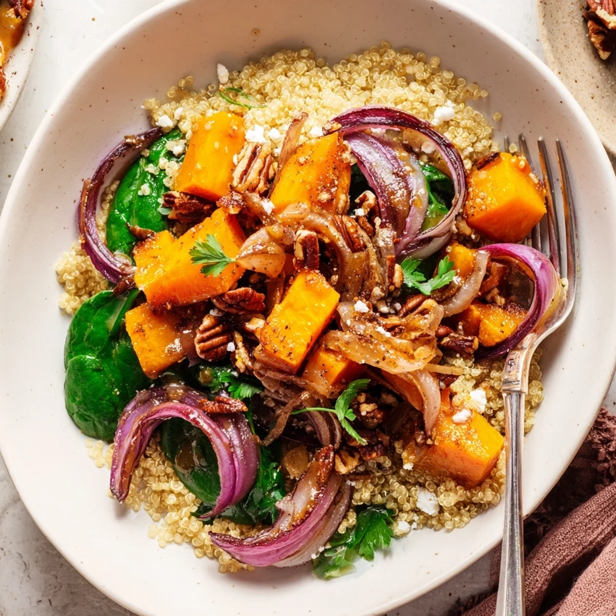 Roasted Butternut Squash Maple Quinoa Grain Bowl with Pecan Crunch, drizzled with tangy vinaigrette