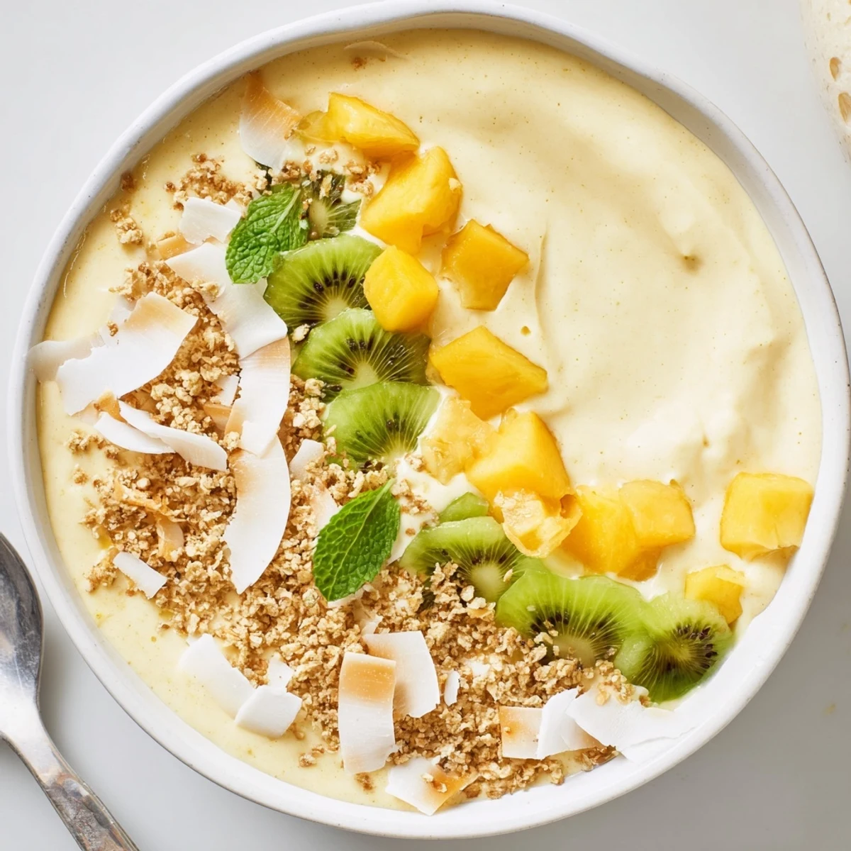 Silky Pineapple Mango Coconut Smoothie Bowl with Toasted Coconut Flakes, served chilled.