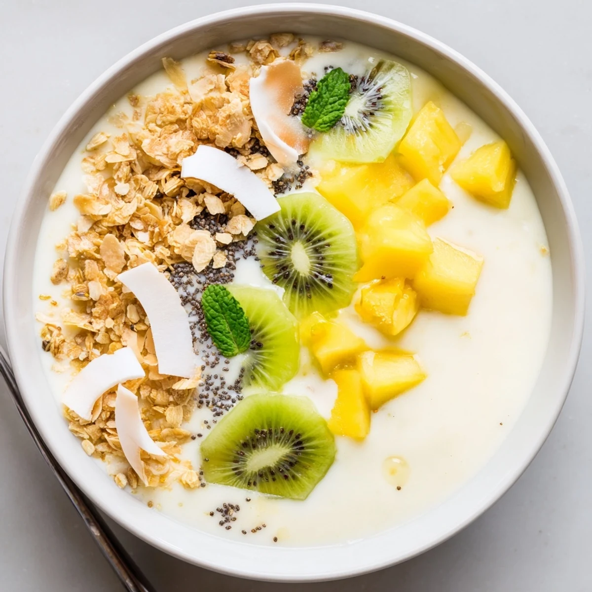 Serve Pineapple Mango Coconut Smoothie Bowl with Toasted Coconut Flakes for tropical breakfast.