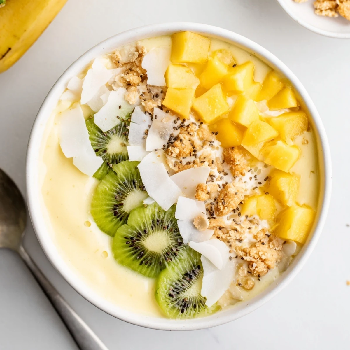 Pineapple Mango Coconut Smoothie Bowl with Toasted Coconut Flakes, garnished with fresh mint.