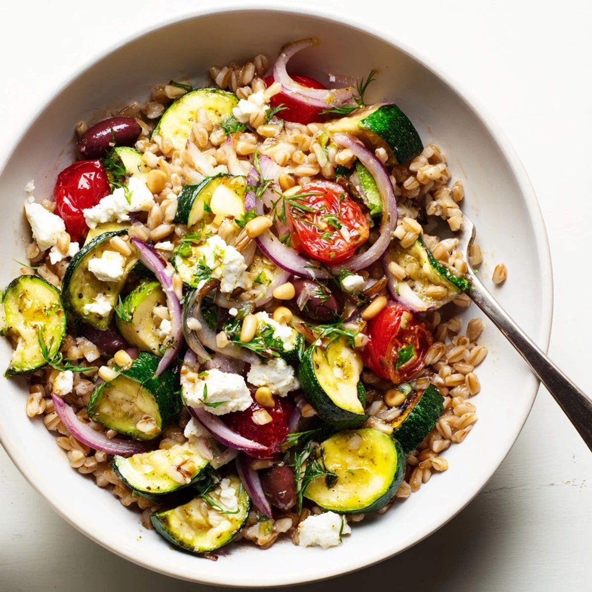 Mediterranean Roasted Zucchini Farro Grain Bowl with Feta, golden zucchini and juicy tomatoes