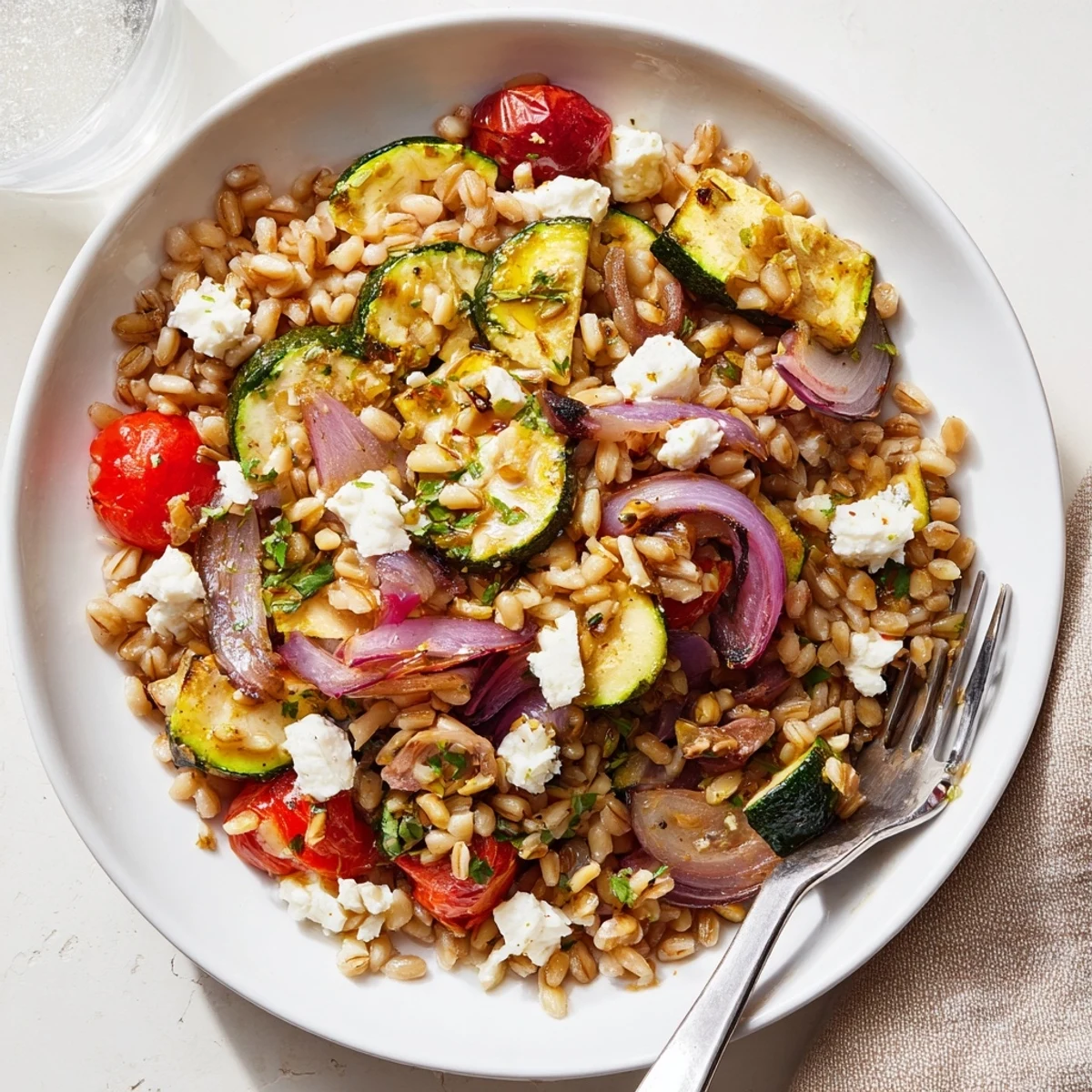 Warm, citrus-scented Mediterranean Roasted Zucchini Farro Grain Bowl with Feta, bright vinaigrette