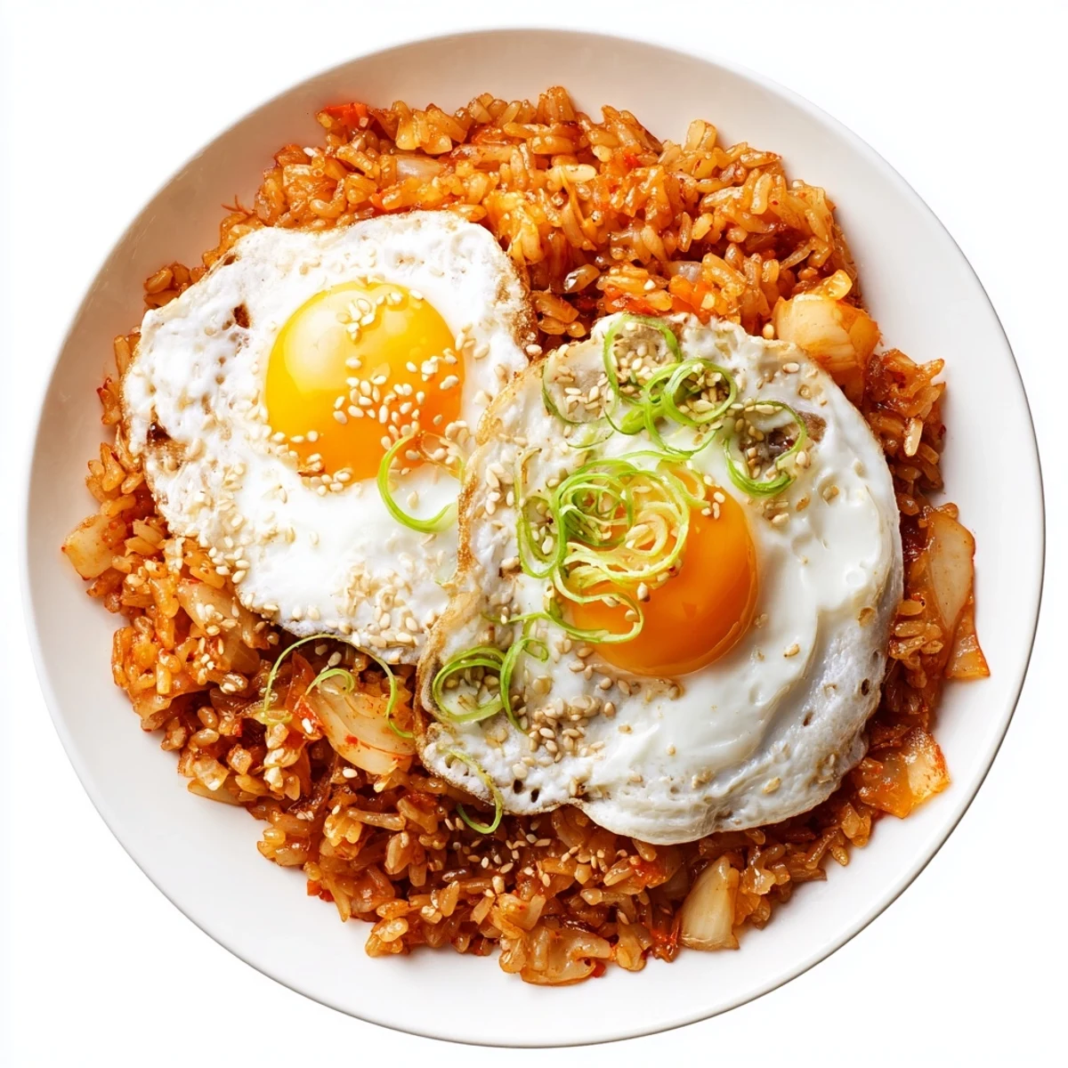 Kimchi Garlic Chili Fried Rice with Scallions steaming, glossy rice flecked with sesame