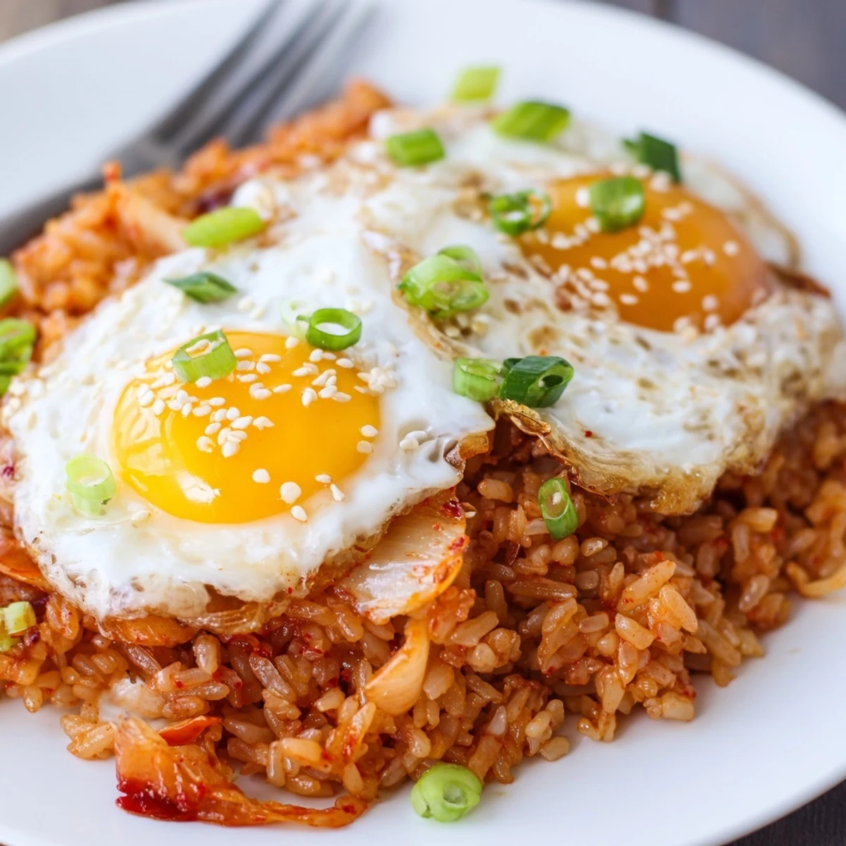 Bright, tangy Kimchi Garlic Chili Fried Rice with Scallions topped with runny egg
