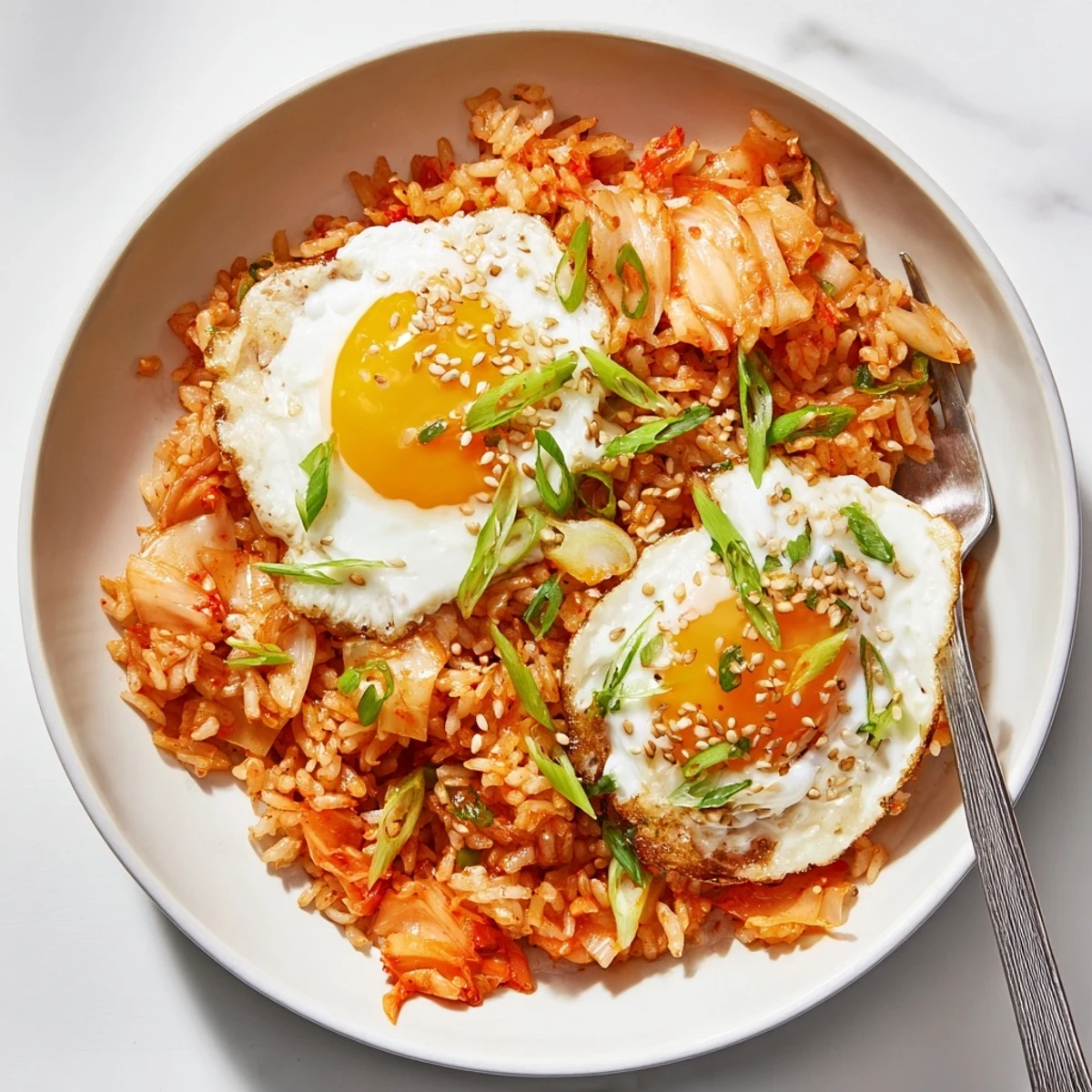 Wok-sizzled Kimchi Garlic Chili Fried Rice with Scallions, garlicky aroma and heat
