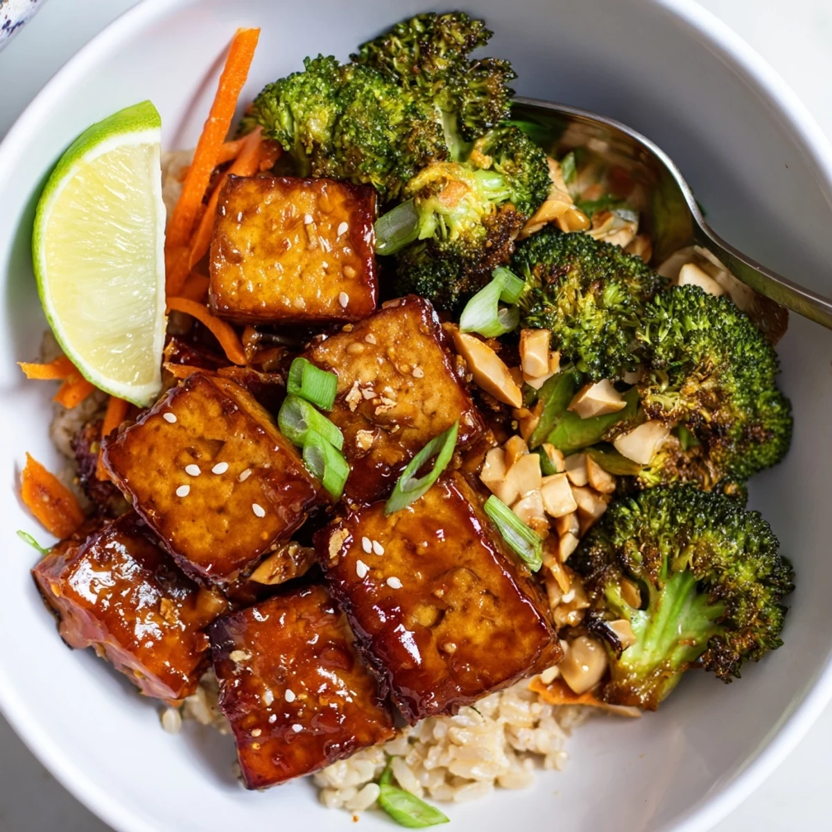 Crispy, saucy bites in Sticky Chili Garlic Tofu Vegan Bowl with Sesame Broccoli
