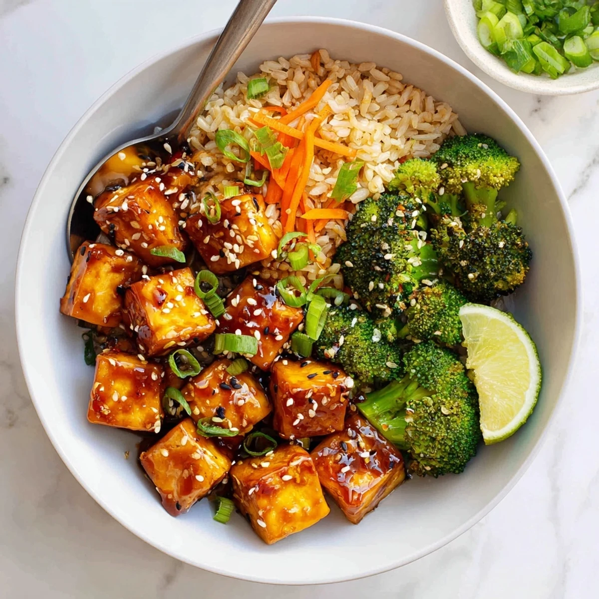 Sticky Chili Garlic Tofu Vegan Bowl with Sesame Broccoli served with lime wedges